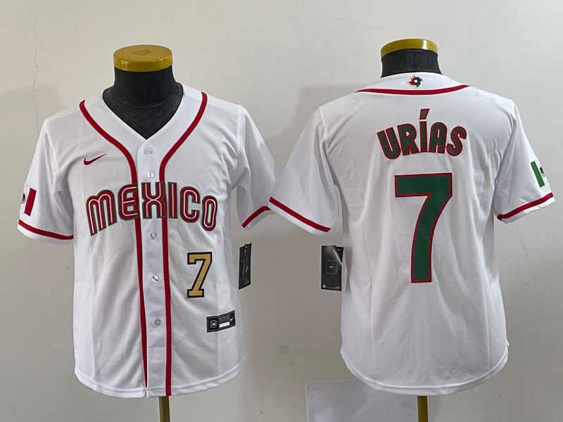 Youth Mexico Baseball #7 Julio Urias Number 2023 Red World Baseball Classic Stitched Jersey